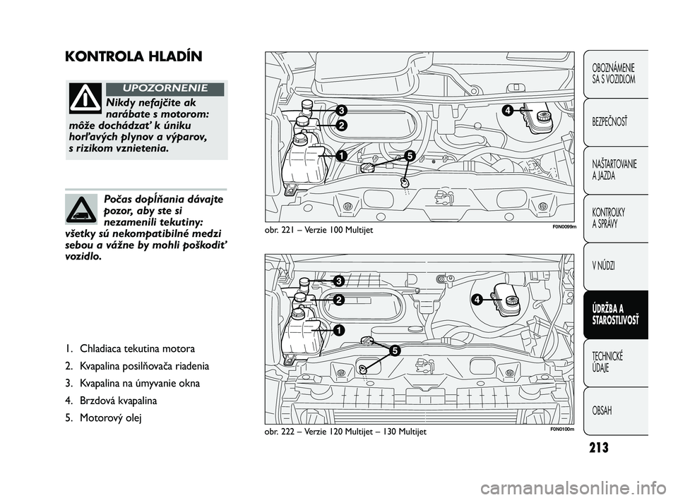 FIAT DUCATO 2010 Návod na použitie a údržbu (in Slovakian) 213
KONTROLA HLADÍN
OBOZNÁMENIE
SA S VOZIDLOM
BEZPEČNOSŤ
NAŠTARTOVANIE
A JAZDA
KONTROLKY
A SPRÁVY
V NÚDZI
ÚDRŽBA A
STAROSTLIVOSŤ
TECHNICKÉ
ÚDAJE
OBSAH
obr. 221 – Verzie 100 Multijet
ob FIAT DUCATO 2010 Návod na použitie a údržbu (in Slovakian) 213
KONTROLA HLADÍN
OBOZNÁMENIE
SA S VOZIDLOM
BEZPEČNOSŤ
NAŠTARTOVANIE
A JAZDA
KONTROLKY
A SPRÁVY
V NÚDZI
ÚDRŽBA A
STAROSTLIVOSŤ
TECHNICKÉ
ÚDAJE
OBSAH
obr. 221 – Verzie 100 Multijet
ob