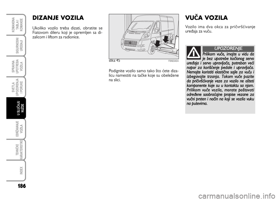 FIAT DUCATO 2011  Knjižica za upotrebu i održavanje (in Serbian) 186
SVETLA
UPOZORENJA
I PORUKE
ODRŽAVANJE
VOZILA
TEHNIČKE
KARAKTERISTIKE
INDEX
KOMANDNA
TABLA I
KOMANDE
SIGURNOSNI
UREĐAJI
SPRAVNA
UPOTREBA
VOZILA
U SLUČAJU
NUŽDE
slika 45F0N0340m
DIZANJE VOZILA
