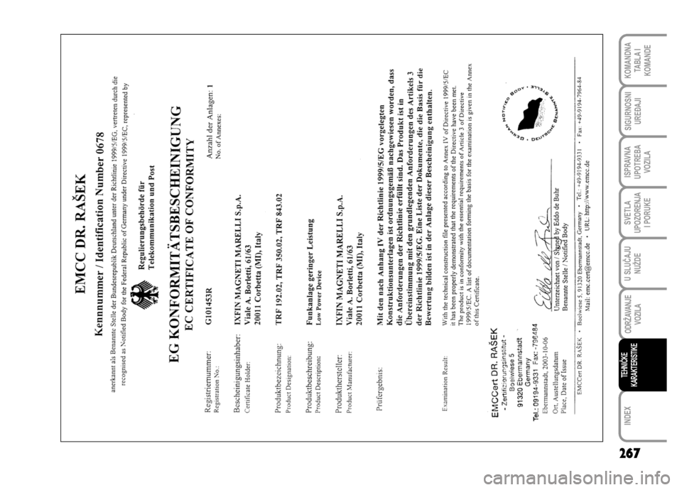 FIAT DUCATO 2011 Knjižica za upotrebu i održavanje (in Serbian) 267
SVETLA
UPOZORENJA
I PORUKE
INDEX
KOMANDNA
TABLA I
KOMANDE
SIGURNOSNI
UREĐAJI
ISPRAVNA
UPOTREBA
VOZILA
U SLUČAJU
NUŽDE
ODRŽAVANJE
VOZILA
TEHNIČKE
KARAKTERISTIKE FIAT DUCATO 2011 Knjižica za upotrebu i održavanje (in Serbian) 267
SVETLA
UPOZORENJA
I PORUKE
INDEX
KOMANDNA
TABLA I
KOMANDE
SIGURNOSNI
UREĐAJI
ISPRAVNA
UPOTREBA
VOZILA
U SLUČAJU
NUŽDE
ODRŽAVANJE
VOZILA
TEHNIČKE
KARAKTERISTIKE