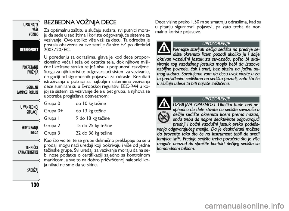 FIAT DUCATO 2013 Knjižica za upotrebu i održavanje (in Serbian) 130
UPOZNAJTEVAŠE
VOZI\fO
B EZ B ED \f OST
POKRETANJE I VOŽNJA
SIGNA\fNE
\fAMPICE I PORUKE
U VANREDNOJ SITUACIJI
SERVISIRANJE I NEGA
TE\bNIČKE
KARAKTERISTIKE
SADRŽAJBEZ BED N A V ONN JA FIAT DUCATO 2013 Knjižica za upotrebu i održavanje (in Serbian) 130
UPOZNAJTEVAŠE
VOZI\fO
B EZ B ED \f OST
POKRETANJE I VOŽNJA
SIGNA\fNE
\fAMPICE I PORUKE
U VANREDNOJ SITUACIJI
SERVISIRANJE I NEGA
TE\bNIČKE
KARAKTERISTIKE
SADRŽAJBEZ BED N A V ONN JA