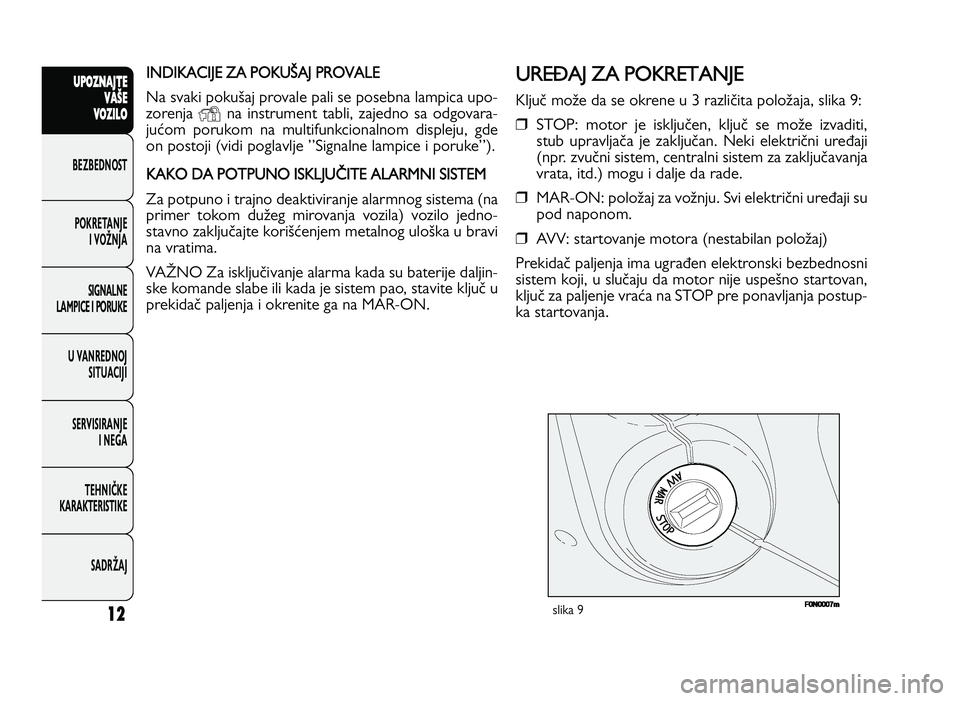 FIAT DUCATO 2013  Knjižica za upotrebu i održavanje (in Serbian) 12
UPO Z\f AJT E
V A ŠE
V O Z\bL O
BeZBednOST
PO\freTanJe i vOŽnJa
Si\bnalne
laMPiCe i POrU\fe
U vanrednOJ SiTUaCiJi
ServiSiranJe i ne\ba
TeHniČ\fe
\fara\fTeriSTi\fe
SadrŽaJIN DIKA CIJE  ZA  P O K