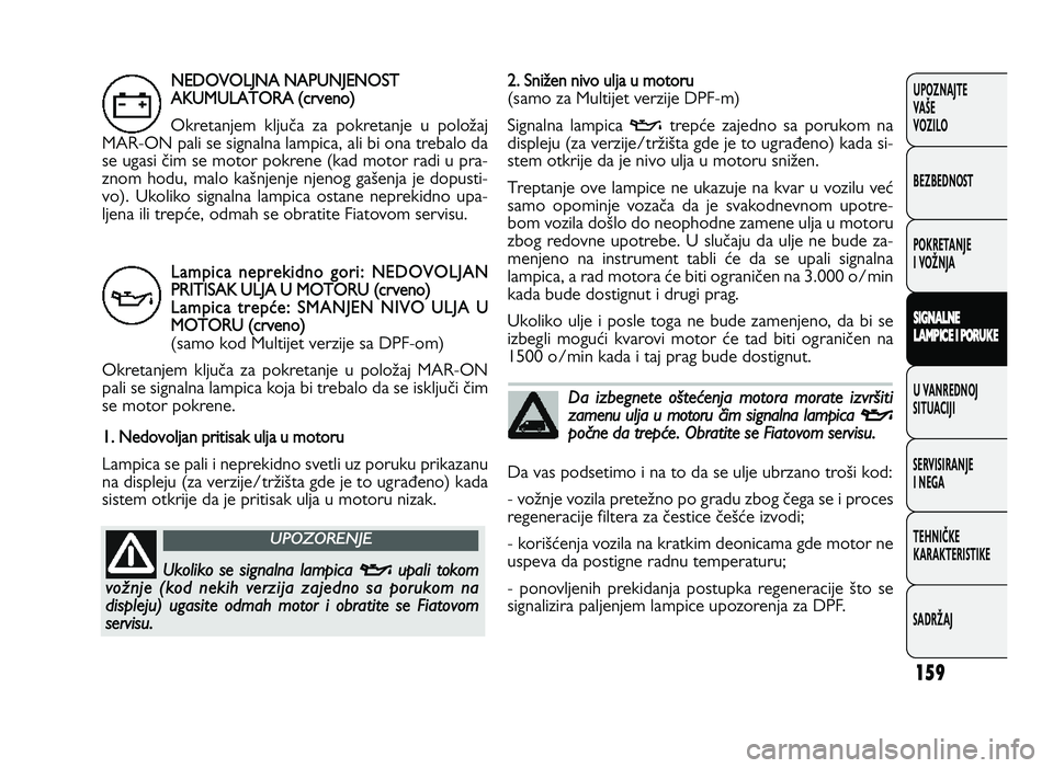 FIAT DUCATO 2013 Knjižica za upotrebu i održavanje (in Serbian) 159
UPOZNAJTE
VAŠE
VOZI\fO
BEZBEDNOST
POKRETANJE
I VOŽNJA
S IG \f AL\f E
L A M PIC E I P O RU KE
U VANREDNOJ
SITUACIJI
SERVISIRANJE
I NEGA
TE\bNIČKE
KARAKTERISTIKE
SADRŽAJN ED O VO LJN A N FIAT DUCATO 2013 Knjižica za upotrebu i održavanje (in Serbian) 159
UPOZNAJTE
VAŠE
VOZI\fO
BEZBEDNOST
POKRETANJE
I VOŽNJA
S IG \f AL\f E
L A M PIC E I P O RU KE
U VANREDNOJ
SITUACIJI
SERVISIRANJE
I NEGA
TE\bNIČKE
KARAKTERISTIKE
SADRŽAJN ED O VO LJN A N