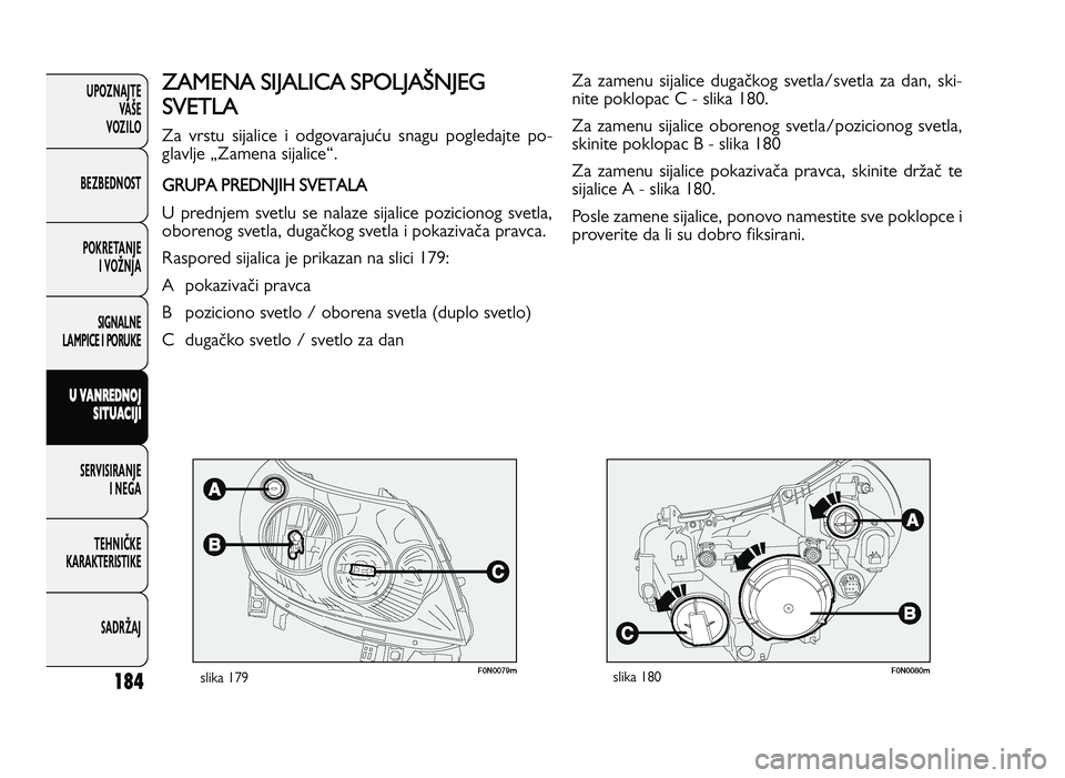 FIAT DUCATO 2013  Knjižica za upotrebu i održavanje (in Serbian) 1\b4
UPOZNAJTEVAŠE
VOZI\fO
BEZBEDNOST
POKRETANJE I VOŽNJA
SIGNA\fNE
\fAMPICE I PORUKE
U  V A \b RED \b OJ
S I\f U ACIJ I
SERVISIRANJE I NEGA
TE\bNIČKE
KARAKTERISTIKE
SADRŽAJ0 % & * !"