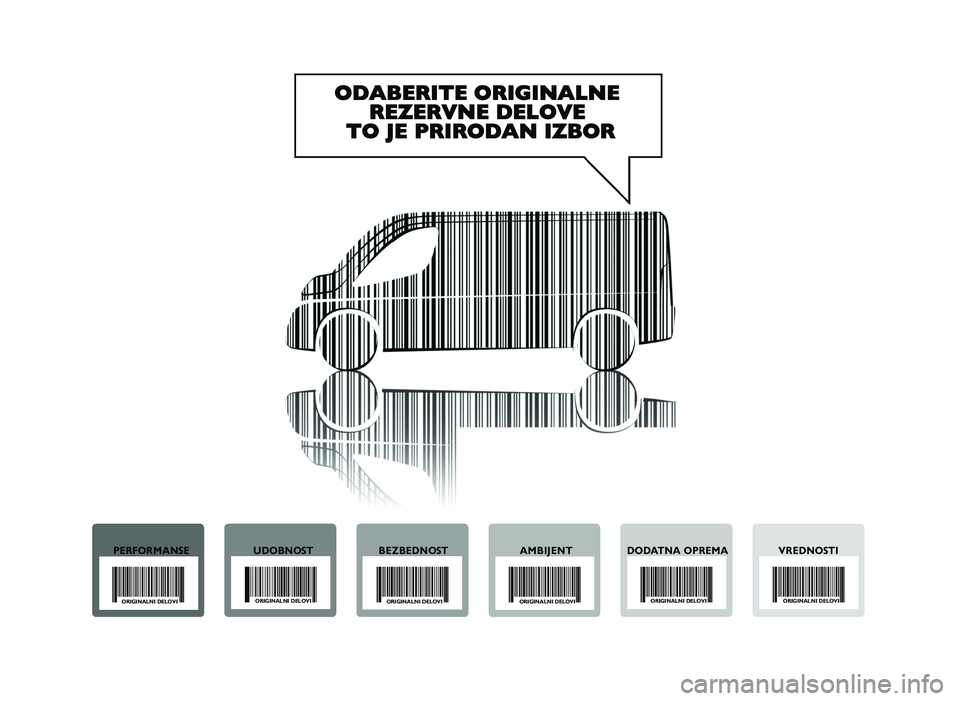 FIAT DUCATO 2013  Knjižica za upotrebu i održavanje (in Serbian) ODA BER \bTE  O R\bG \b\f AL\f E
R EZ ER V\f E D ELO VE
TO  J E  P R \bR O DA \f  \b Z B O R 
PerFOrManSe UdOBnOSTBeZBednOST aMBiJenTdOdaTna OPreMa vrednOSTi
Ori\binalni delOvi Ori\binalni delOvi
Ori\