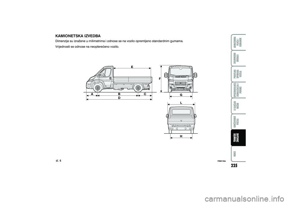 FIAT DUCATO 2010  Knjižica s uputama za uporabu i održavanje (in Croatian) KAMIONETSKA IZVEDBA
Dimenzije su izra`ene u milimetrima i odnose se na vozilo opremljeno standardnim gumama.
Vrijednosti se odnose na neoptere}eno vozilo.
sl.
ARMATURNAPLO^A I
KOMANDE
U SLU^AJU
NU@DE
