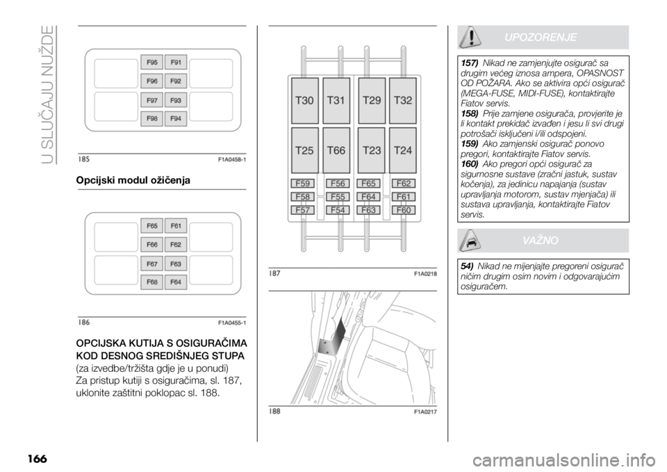 FIAT DUCATO BASE CAMPER 2021  Knjižica s uputama za uporabu i održavanje (in Croatian) U SLUČAJU NUŽDE
16 6
Opcijski modul ožičenja
UPOZORENJE
157) Nikad ne zamjenjujte osigurač sa 
drugim većeg iznosa ampera, OPASNOST 
OD POŽARA. Ako se aktivira opći osigurač 
(MEGA-FUSE, MIDI