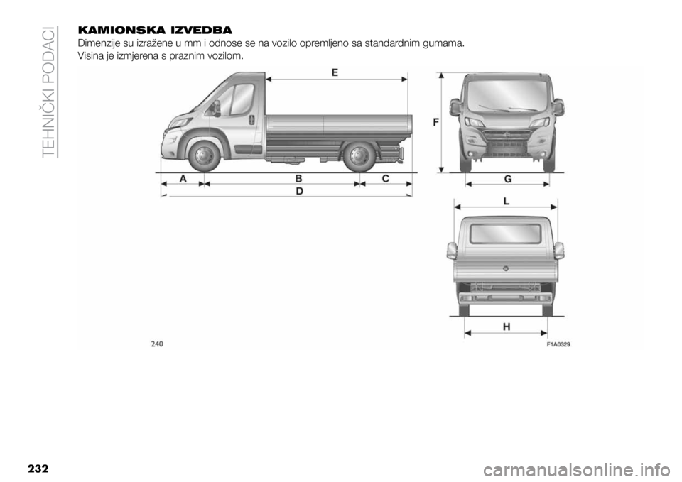 FIAT DUCATO BASE CAMPER 2019  Knjižica s uputama za uporabu i održavanje (in Croatian) TEHNIČKI PODACI
232KAMIONSKA IZVEDBA
Dimenzije su izražene u mm i odnose se na vozilo opremljeno sa standardnim gumama.
Visina je izmjerena s praznim vozilom. 