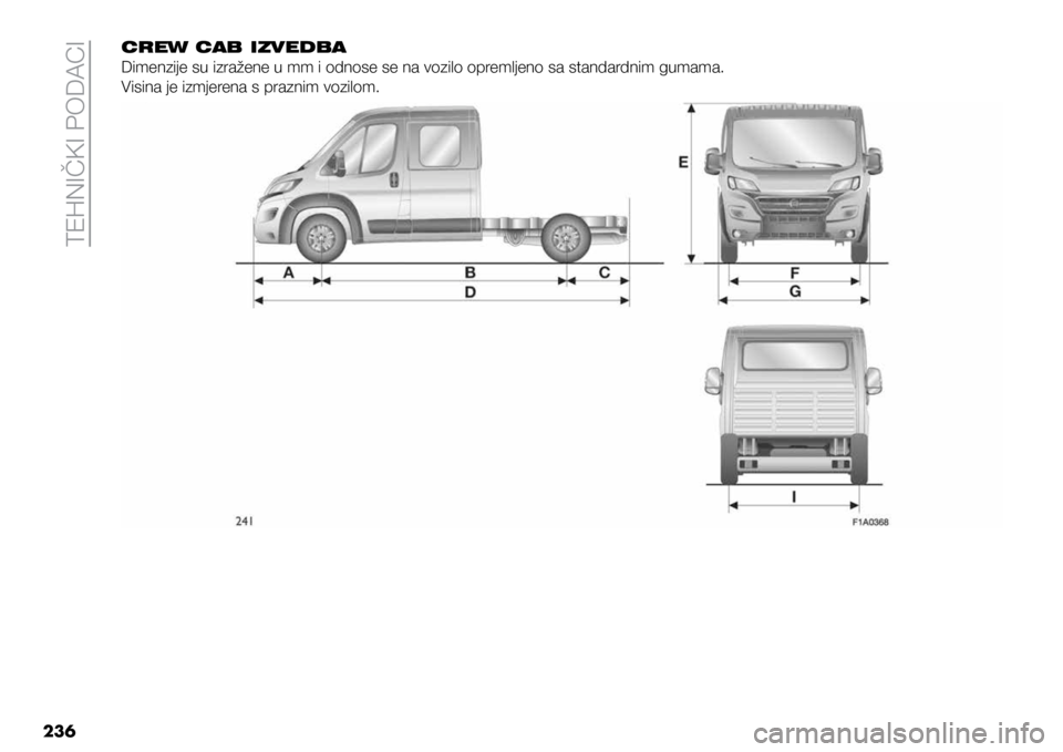 FIAT DUCATO BASE CAMPER 2019  Knjižica s uputama za uporabu i održavanje (in Croatian) TEHNIČKI PODACI
236CREW CAB IZVEDBA
Dimenzije su izražene u mm i odnose se na vozilo opremljeno sa standardnim gumama.
Visina je izmjerena s praznim vozilom. 