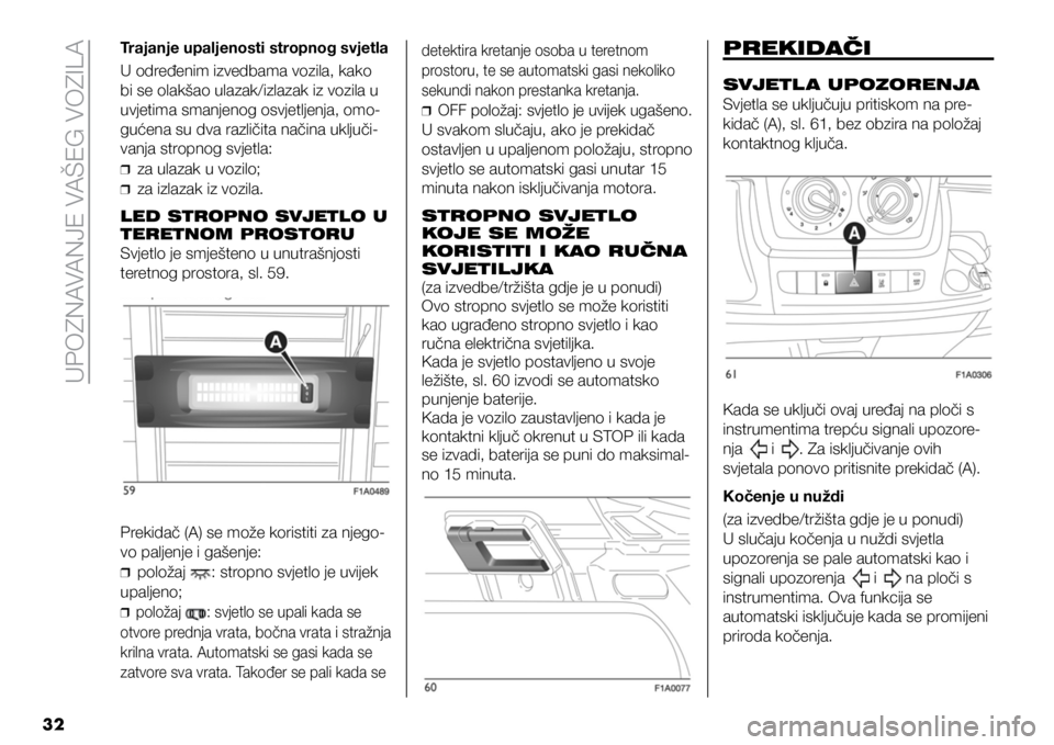 FIAT DUCATO BASE CAMPER 2021  Knjižica s uputama za uporabu i održavanje (in Croatian) UPOZNAVANJE VAŠEG VOZILA
32
Trajanje upaljenosti stropnog svjetla
U određenim izvedbama vozila, kako 
bi se olakšao ulazak/izlazak iz vozila u 
uvjetima smanjenog osvjetljenja, omo-
gućena su dva 