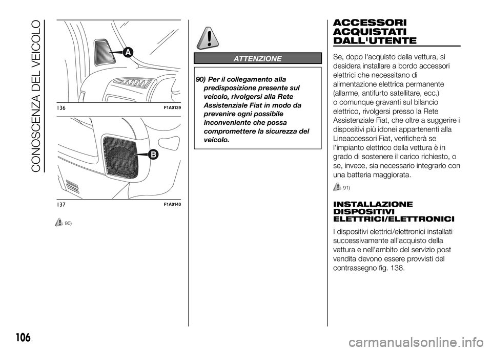 FIAT DUCATO BASE CAMPER 2016 Libretto Uso Manutenzione (in Italian) 90)
ATTENZIONE
90) Per il collegamento alla
predisposizione presente sul
veicolo, rivolgersi alla Rete
Assistenziale Fiat in modo da
prevenire ogni possibile
inconveniente che possa
compromettere la s FIAT DUCATO BASE CAMPER 2016 Libretto Uso Manutenzione (in Italian) 90)
ATTENZIONE
90) Per il collegamento alla
predisposizione presente sul
veicolo, rivolgersi alla Rete
Assistenziale Fiat in modo da
prevenire ogni possibile
inconveniente che possa
compromettere la s