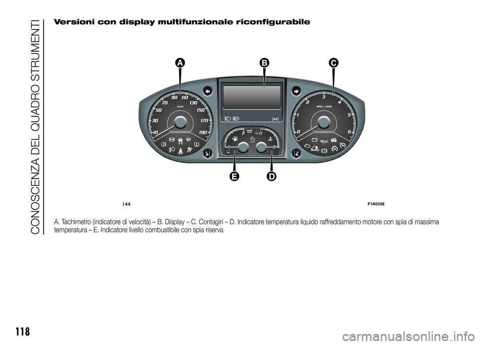 FIAT DUCATO BASE CAMPER 2016 Libretto Uso Manutenzione (in Italian) Versioni con display multifunzionale riconfigurabile
A. Tachimetro (indicatore di velocità) – B. Display – C. Contagiri – D. Indicatore temperatura liquido raffreddamento motore con spia di mas FIAT DUCATO BASE CAMPER 2016 Libretto Uso Manutenzione (in Italian) Versioni con display multifunzionale riconfigurabile
A. Tachimetro (indicatore di velocità) – B. Display – C. Contagiri – D. Indicatore temperatura liquido raffreddamento motore con spia di mas