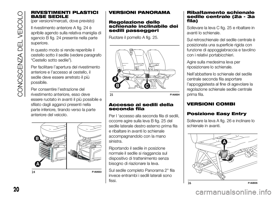 FIAT DUCATO BASE CAMPER 2016  Libretto Uso Manutenzione (in Italian) RIVESTIMENTI PLASTICI
BASE SEDILE
(per versioni/mercati, dove previsto)
Il rivestimento anteriore A fig. 24 è
apribile agendo sulla relativa maniglia di
sgancio B fig. 24 presente nella parte
superio