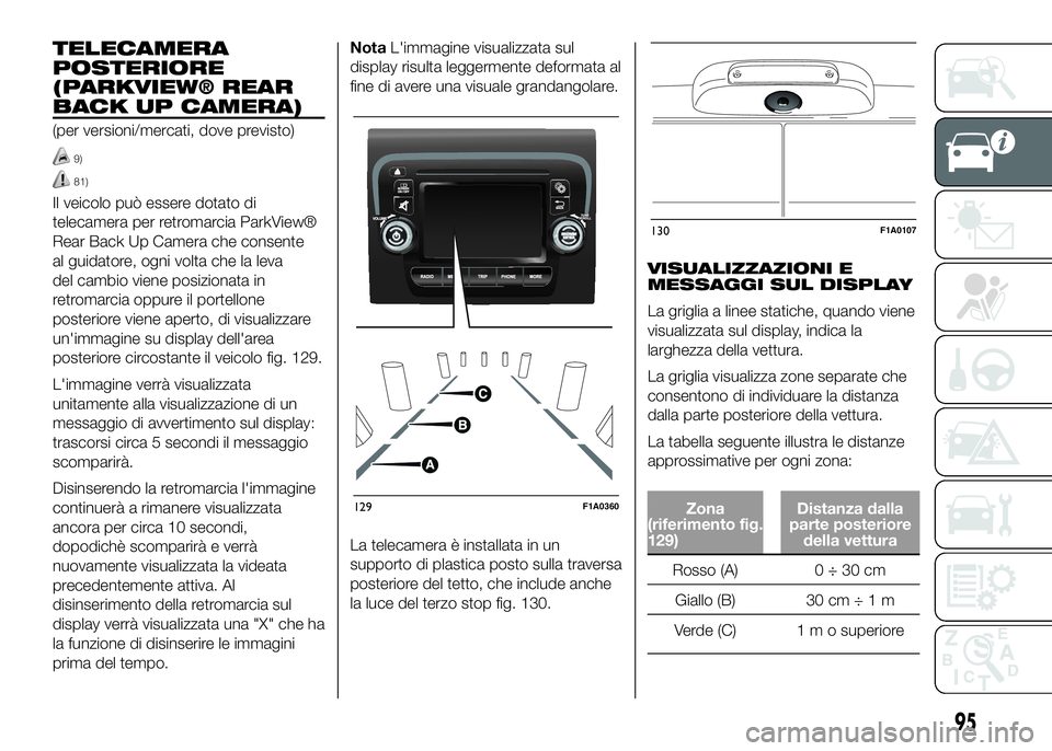 FIAT DUCATO BASE CAMPER 2016 Libretto Uso Manutenzione (in Italian) TELECAMERA
POSTERIORE
(PARKVIEW® REAR
BACK UP CAMERA)
(per versioni/mercati, dove previsto)
9)
81)
Il veicolo può essere dotato di
telecamera per retromarcia ParkView®
Rear Back Up Camera che conse FIAT DUCATO BASE CAMPER 2016 Libretto Uso Manutenzione (in Italian) TELECAMERA
POSTERIORE
(PARKVIEW® REAR
BACK UP CAMERA)
(per versioni/mercati, dove previsto)
9)
81)
Il veicolo può essere dotato di
telecamera per retromarcia ParkView®
Rear Back Up Camera che conse