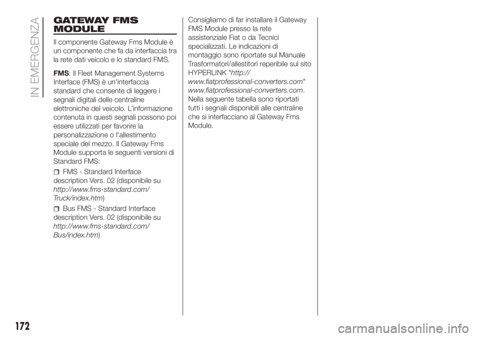 FIAT DUCATO BASE CAMPER 2017 Libretto Uso Manutenzione (in Italian) GATEWAY FMS
MODULE
Il componente Gateway Fms Module è
un componente che fa da interfaccia tra
la rete dati veicolo e lo standard FMS.
FMS: Il Fleet Management Systems
Interface (FMS) è un'interf FIAT DUCATO BASE CAMPER 2017 Libretto Uso Manutenzione (in Italian) GATEWAY FMS
MODULE
Il componente Gateway Fms Module è
un componente che fa da interfaccia tra
la rete dati veicolo e lo standard FMS.
FMS: Il Fleet Management Systems
Interface (FMS) è un'interf