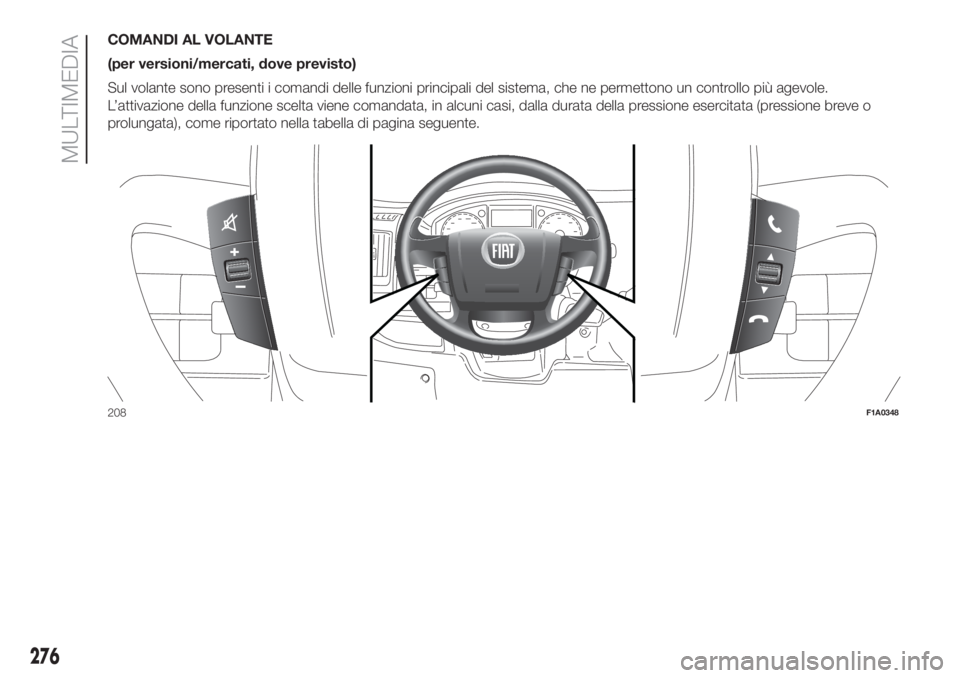 FIAT DUCATO BASE CAMPER 2017 Libretto Uso Manutenzione (in Italian) COMANDI AL VOLANTE
(per versioni/mercati, dove previsto)
Sul volante sono presenti i comandi delle funzioni principali del sistema, che ne permettono un controllo più agevole.
L’attivazione della f FIAT DUCATO BASE CAMPER 2017 Libretto Uso Manutenzione (in Italian) COMANDI AL VOLANTE
(per versioni/mercati, dove previsto)
Sul volante sono presenti i comandi delle funzioni principali del sistema, che ne permettono un controllo più agevole.
L’attivazione della f