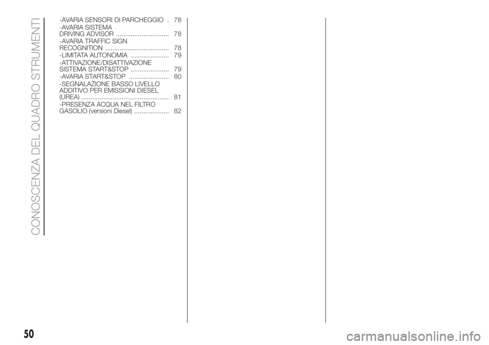 FIAT DUCATO BASE CAMPER 2017  Libretto Uso Manutenzione (in Italian) -AVARIA SENSORI DI PARCHEGGIO . 78
-AVARIA SISTEMA
DRIVING ADVISOR ............................. 78
-AVARIA TRAFFIC SIGN
RECOGNITION ................................... 78
-LIMITATAAUTONOMIA .........