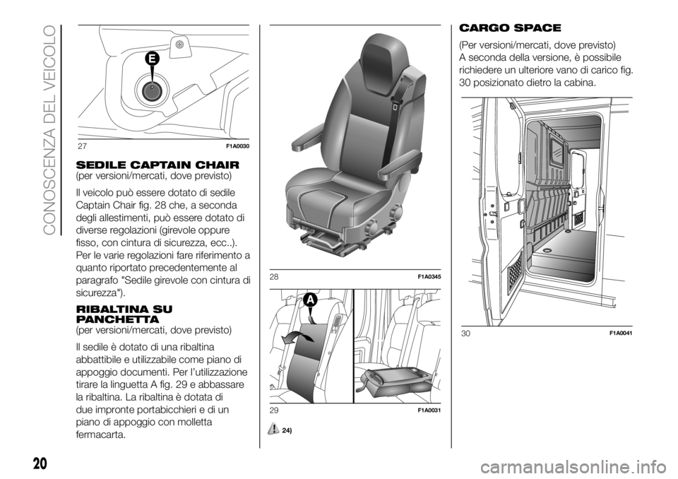 FIAT DUCATO BASE CAMPER 2018  Libretto Uso Manutenzione (in Italian) SEDILE CAPTAIN CHAIR
(per versioni/mercati, dove previsto)
Il veicolo può essere dotato di sedile
Captain Chair fig. 28 che, a seconda
degli allestimenti, può essere dotato di
diverse regolazioni (g