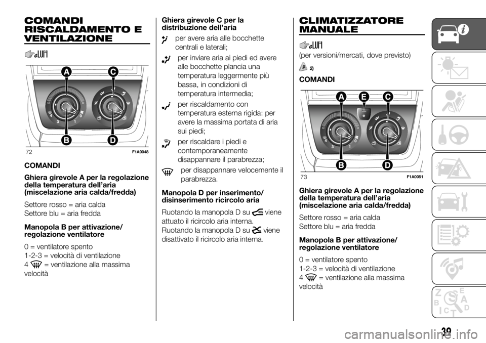 FIAT DUCATO BASE CAMPER 2018  Libretto Uso Manutenzione (in Italian) COMANDI
RISCALDAMENTO E
VENTILAZIONE
COMANDI
Ghiera girevole A per la regolazione
della temperatura dell’aria
(miscelazione aria calda/fredda)
Settore rosso = aria calda
Settore blu = aria fredda
Ma