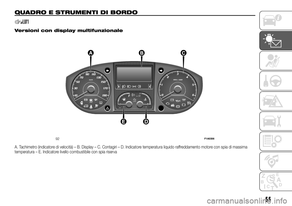 FIAT DUCATO BASE CAMPER 2018  Libretto Uso Manutenzione (in Italian) QUADRO E STRUMENTI DI BORDO
.
Versioni con display multifunzionale
A. Tachimetro (indicatore di velocità) – B. Display – C. Contagiri – D. Indicatore temperatura liquido raffreddamento motore c