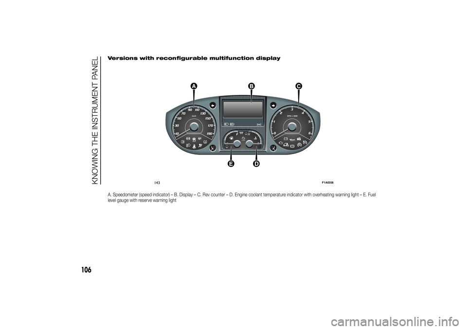FIAT DUCATO BASE CAMPER 2014  Owner handbook (in English) Versions with reconfigurable multifunction displayA. Speedometer (speed indicator) – B. Display – C. Rev counter – D. Engine coolant temperature indicator with overheating warning light – E. F