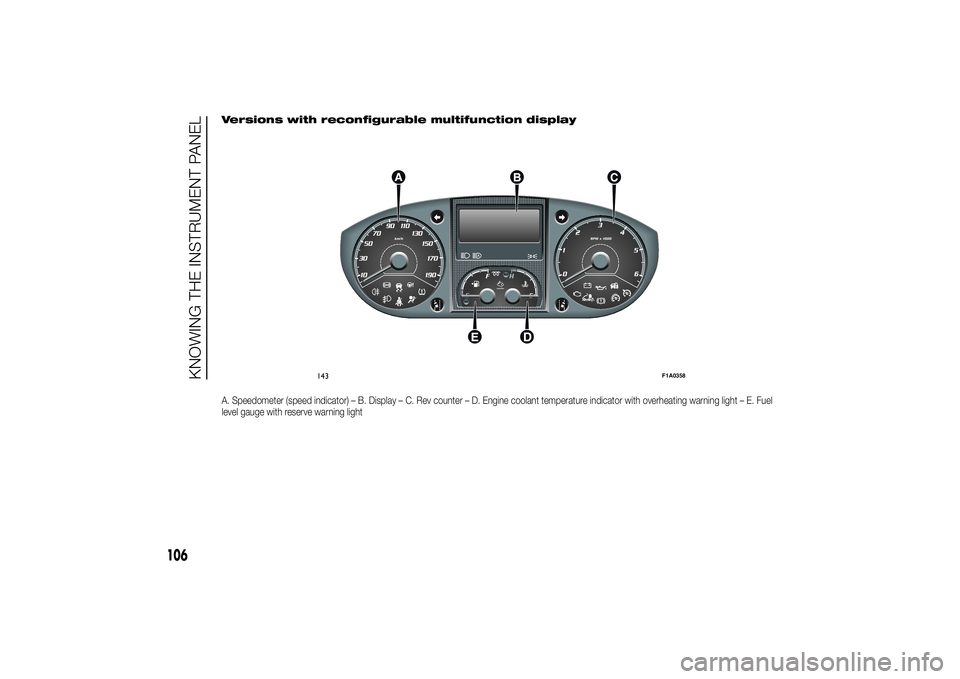 FIAT DUCATO BASE CAMPER 2014 Owner handbook (in English) Versions with reconfigurable multifunction displayA. Speedometer (speed indicator) – B. Display – C. Rev counter – D. Engine coolant temperature indicator with overheating warning light – E. F FIAT DUCATO BASE CAMPER 2014 Owner handbook (in English) Versions with reconfigurable multifunction displayA. Speedometer (speed indicator) – B. Display – C. Rev counter – D. Engine coolant temperature indicator with overheating warning light – E. F