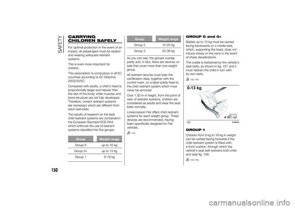 FIAT DUCATO BASE CAMPER 2014  Owner handbook (in English) CARRYING
CHILDREN SAFELYFor optimal protection in the event of an
impact, all passengers must be seated
and wearing adequate restraint
systems.
This is even more important for
children.
This prescript