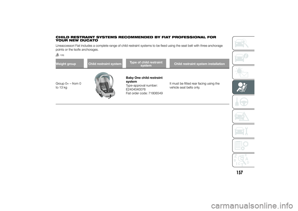 FIAT DUCATO BASE CAMPER 2014  Owner handbook (in English) CHILD RESTRAINT SYSTEMS RECOMMENDED BY FIAT PROFESSIONAL FOR
YOUR NEW DUCATO
Lineaccessori Fiat includes a complete range of child restraint systems to be fixed using the seat belt with three anchorag