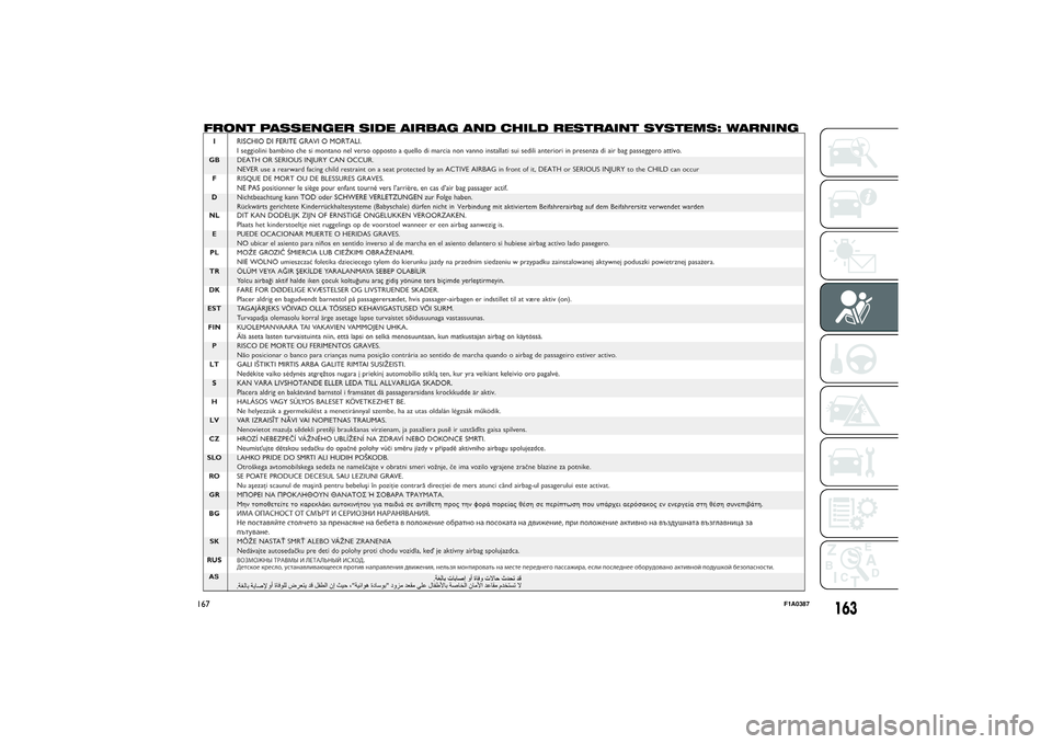 FIAT DUCATO BASE CAMPER 2014 Owner handbook (in English) 167
F1A0387
163
FRONT PASSENGER SIDE AIRBAG AND CHILD RESTRAINT SYSTEMS: WARNING FIAT DUCATO BASE CAMPER 2014 Owner handbook (in English) 167
F1A0387
163
FRONT PASSENGER SIDE AIRBAG AND CHILD RESTRAINT SYSTEMS: WARNING