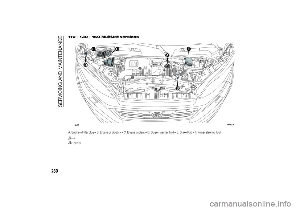 FIAT DUCATO BASE CAMPER 2014  Owner handbook (in English) 110 - 130 - 150 MultiJet versionsA. Engine oil filler plug – B. Engine oil dipstick – C. Engine coolant – D. Screen washer fluid – E. Brake fluid – F. Power steering fluid
46)175) 176)238
F1