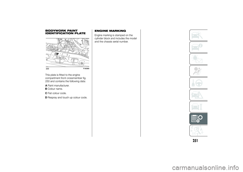 FIAT DUCATO BASE CAMPER 2014  Owner handbook (in English) BColour name.
CFiat colour code.
DRespray and touch up colour code.ENGINE MARKING
Engine marking is stamped on the
cylinder block and includes the model
and the chassis serial number.
251
BODYWORK PAI