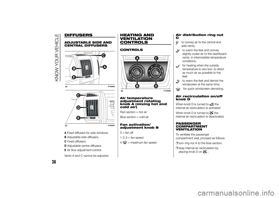 FIAT DUCATO BASE CAMPER 2014  Owner handbook (in English) DIFFUSERSADJUSTABLE SIDE AND
CENTRAL DIFFUSERSAFixed diffusers for side windows.BAdjustable side diffusers.CFixed diffusers.DAdjustable centre diffusers.EAir flow adjustment control.
Vents A and C can