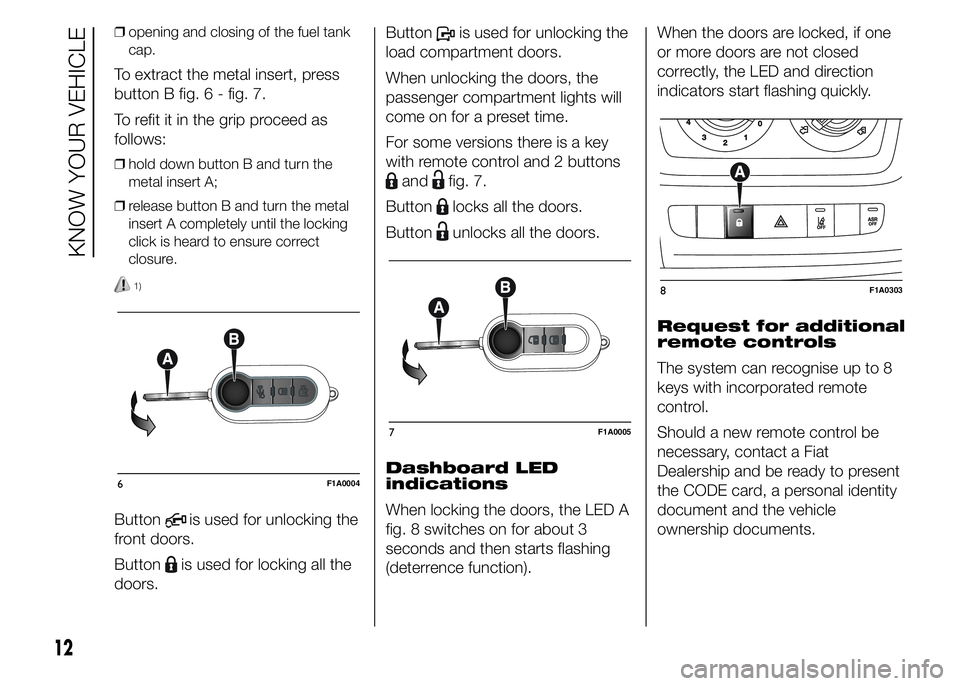 FIAT DUCATO BASE CAMPER 2015  Owner handbook (in English) ❒opening and closing of the fuel tank
cap.
To extract the metal insert, press
button B fig. 6 - fig. 7.
To refit it in the grip proceed as
follows:
❒hold down button B and turn the
metal insert A;