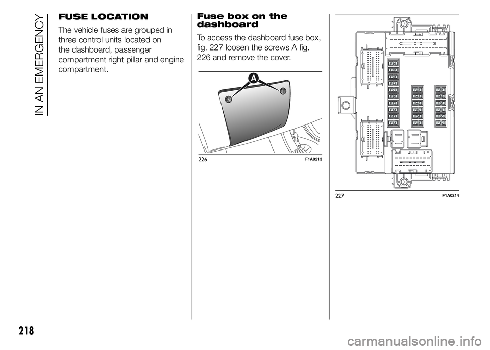 FIAT DUCATO BASE CAMPER 2015  Owner handbook (in English) Fuse box on the
dashboard
To access the dashboard fuse box,
fig. 227 loosen the screws A fig.
226 and remove the cover.
226F1A0213
227F1A0214
218
IN AN EMERGENCY
FUSE LOCATION
The vehicle fuses are gr