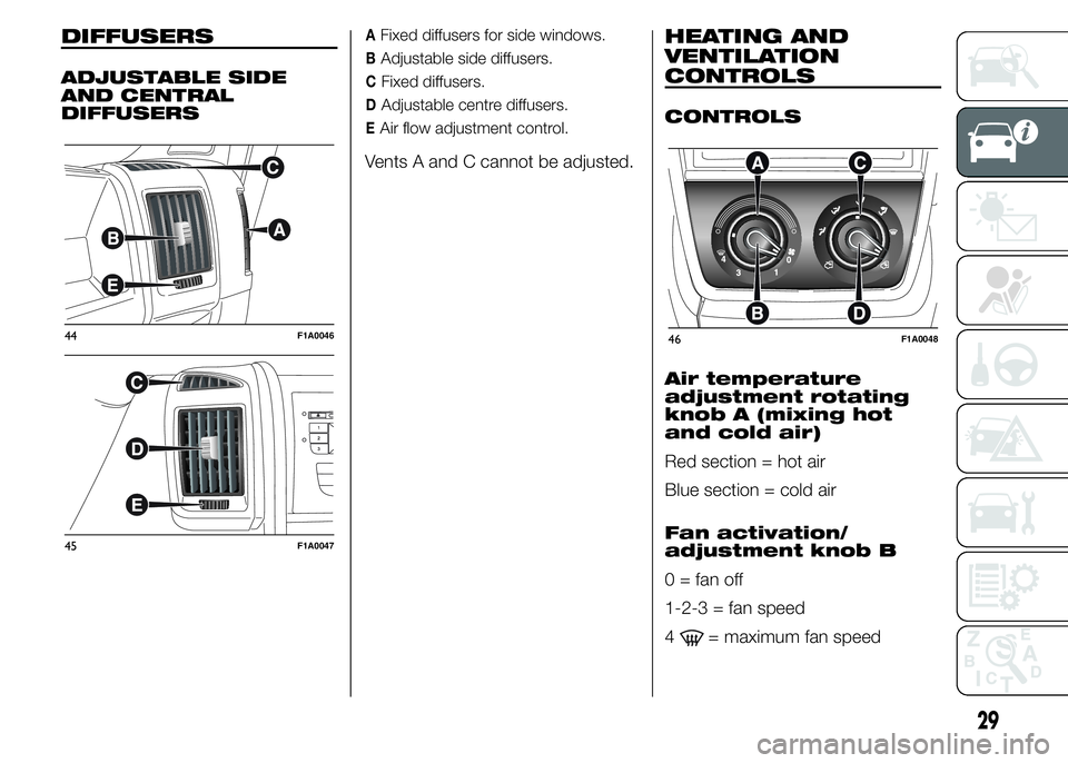 FIAT DUCATO BASE CAMPER 2015 Owner handbook (in English) DIFFUSERS
ADJUSTABLE SIDE
AND CENTRAL
DIFFUSERS
AFixed diffusers for side windows.
BAdjustable side diffusers.
CFixed diffusers.
DAdjustable centre diffusers.
EAir flow adjustment control.
Vents A and FIAT DUCATO BASE CAMPER 2015 Owner handbook (in English) DIFFUSERS
ADJUSTABLE SIDE
AND CENTRAL
DIFFUSERS
AFixed diffusers for side windows.
BAdjustable side diffusers.
CFixed diffusers.
DAdjustable centre diffusers.
EAir flow adjustment control.
Vents A and