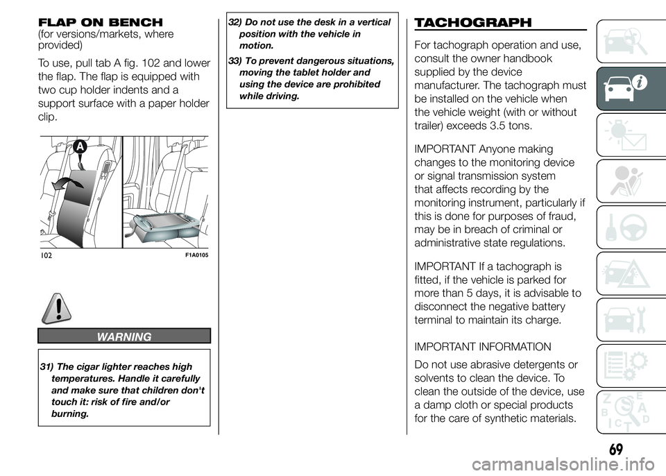 FIAT DUCATO BASE CAMPER 2015 Owner handbook (in English) FLAP ON BENCH
(for versions/markets, where
provided)
To use, pull tab A fig. 102 and lower
the flap. The flap is equipped with
two cup holder indents and a
support surface with a paper holder
clip.
WA FIAT DUCATO BASE CAMPER 2015 Owner handbook (in English) FLAP ON BENCH
(for versions/markets, where
provided)
To use, pull tab A fig. 102 and lower
the flap. The flap is equipped with
two cup holder indents and a
support surface with a paper holder
clip.
WA
