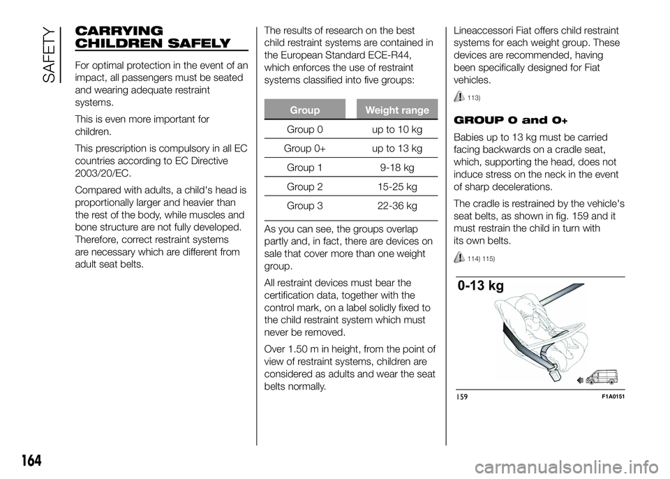 FIAT DUCATO BASE CAMPER 2016 Owner handbook (in English) CARRYING
CHILDREN SAFELY
For optimal protection in the event of an
impact, all passengers must be seated
and wearing adequate restraint
systems.
This is even more important for
children.
This prescrip FIAT DUCATO BASE CAMPER 2016 Owner handbook (in English) CARRYING
CHILDREN SAFELY
For optimal protection in the event of an
impact, all passengers must be seated
and wearing adequate restraint
systems.
This is even more important for
children.
This prescrip