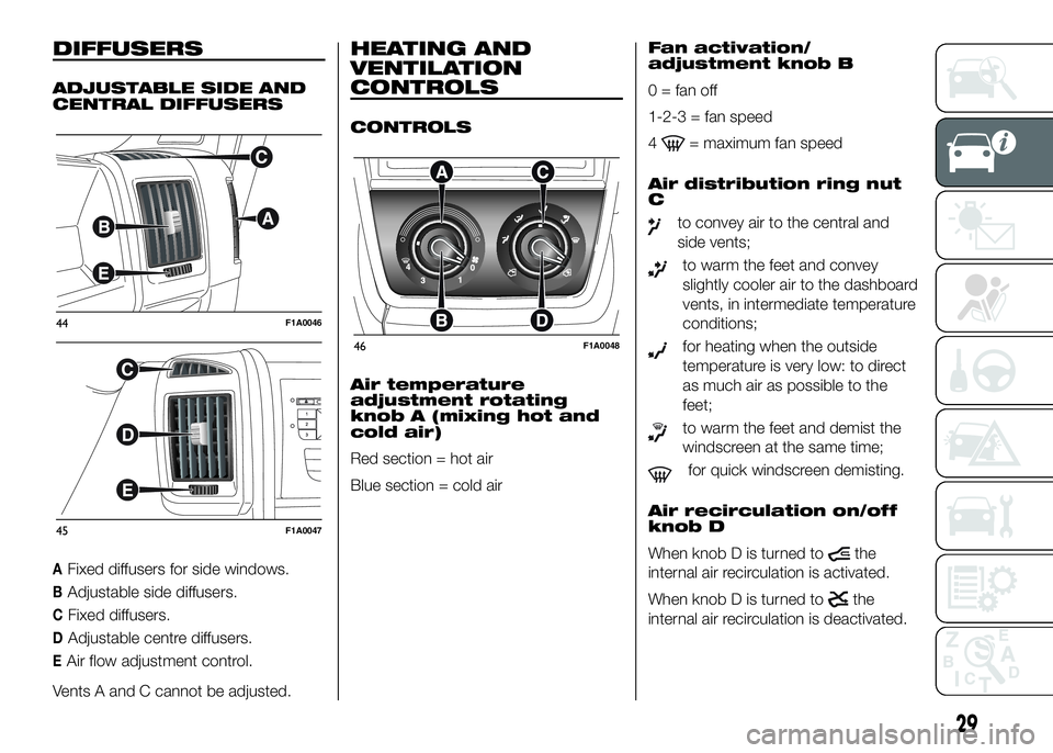 FIAT DUCATO BASE CAMPER 2016 Owner handbook (in English) DIFFUSERS
ADJUSTABLE SIDE AND
CENTRAL DIFFUSERS
AFixed diffusers for side windows.
BAdjustable side diffusers.
CFixed diffusers.
DAdjustable centre diffusers.
EAir flow adjustment control.
Vents A and FIAT DUCATO BASE CAMPER 2016 Owner handbook (in English) DIFFUSERS
ADJUSTABLE SIDE AND
CENTRAL DIFFUSERS
AFixed diffusers for side windows.
BAdjustable side diffusers.
CFixed diffusers.
DAdjustable centre diffusers.
EAir flow adjustment control.
Vents A and