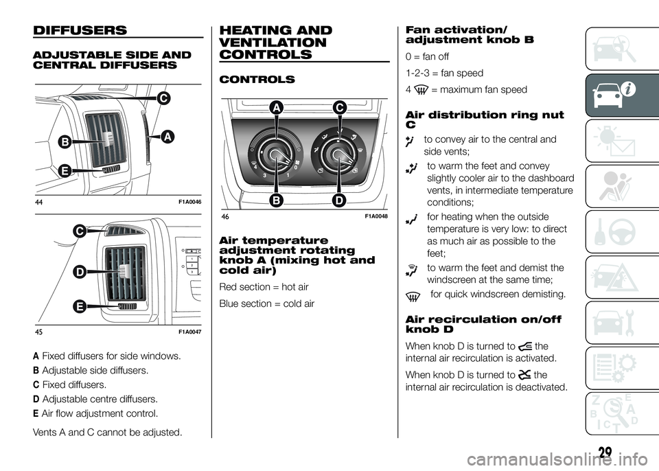 FIAT DUCATO BASE CAMPER 2016  Owner handbook (in English) DIFFUSERS
ADJUSTABLE SIDE AND
CENTRAL DIFFUSERS
AFixed diffusers for side windows.
BAdjustable side diffusers.
CFixed diffusers.
DAdjustable centre diffusers.
EAir flow adjustment control.
Vents A and