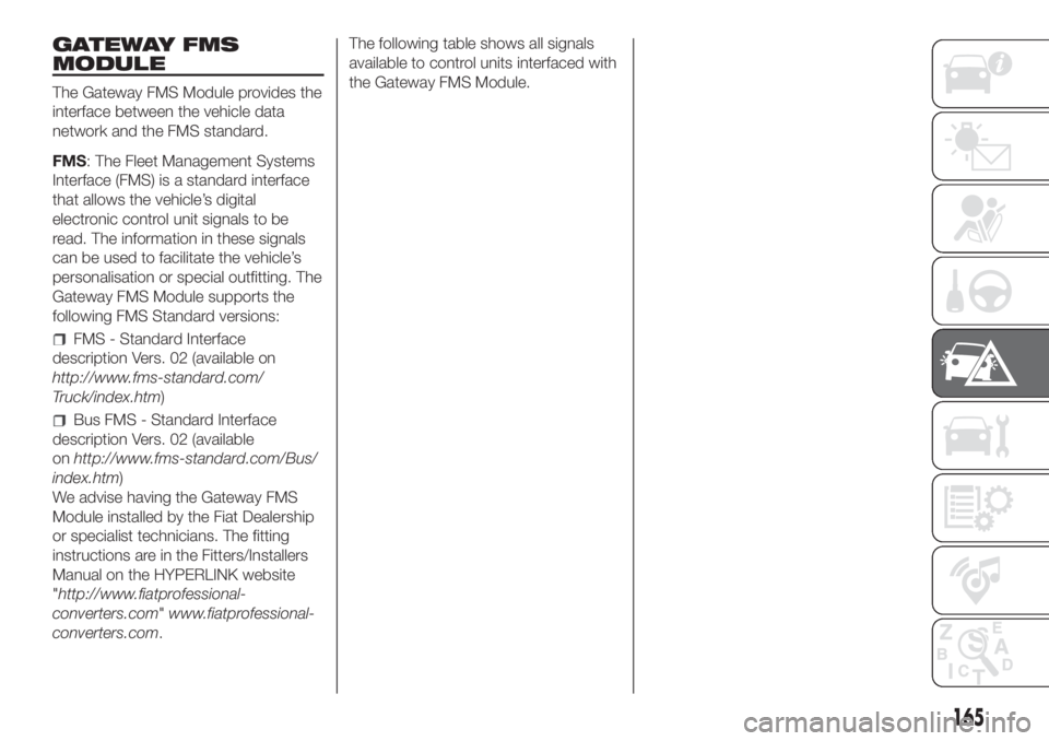 FIAT DUCATO BASE CAMPER 2017 Owner handbook (in English) GATEWAY FMS
MODULE
The Gateway FMS Module provides the
interface between the vehicle data
network and the FMS standard.
FMS: The Fleet Management Systems
Interface (FMS) is a standard interface
that a FIAT DUCATO BASE CAMPER 2017 Owner handbook (in English) GATEWAY FMS
MODULE
The Gateway FMS Module provides the
interface between the vehicle data
network and the FMS standard.
FMS: The Fleet Management Systems
Interface (FMS) is a standard interface
that a