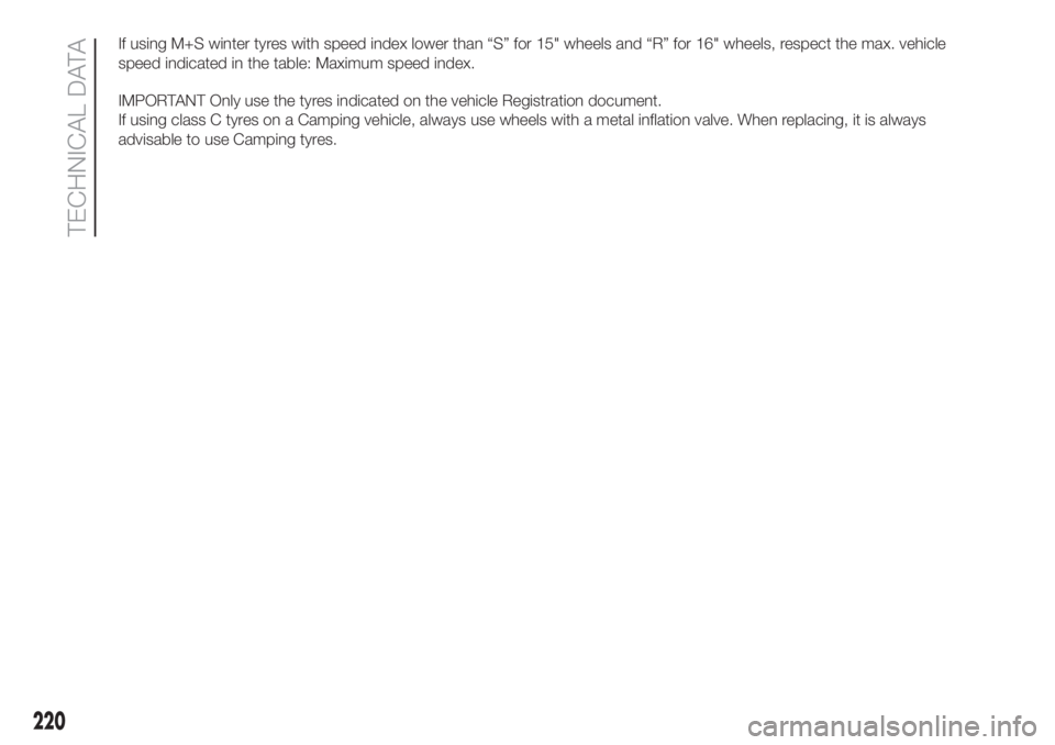 FIAT DUCATO BASE CAMPER 2017  Owner handbook (in English) If using M+S winter tyres with speed index lower than “S” for 15" wheels and “R” for 16" wheels, respect the max. vehicle
speed indicated in the table: Maximum speed index.
IMPORTANT O