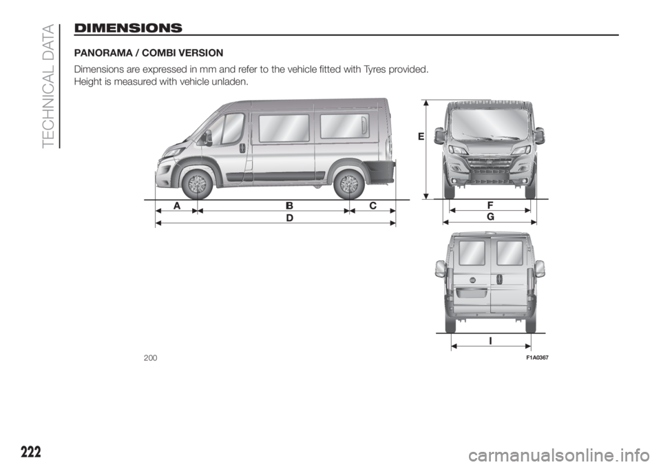 FIAT DUCATO BASE CAMPER 2017  Owner handbook (in English) DIMENSIONS
PANORAMA / COMBI VERSION
Dimensions are expressed in mm and refer to the vehicle fitted with Tyres provided.
Height is measured with vehicle unladen.
200F1A0367
222
TECHNICAL DATA 