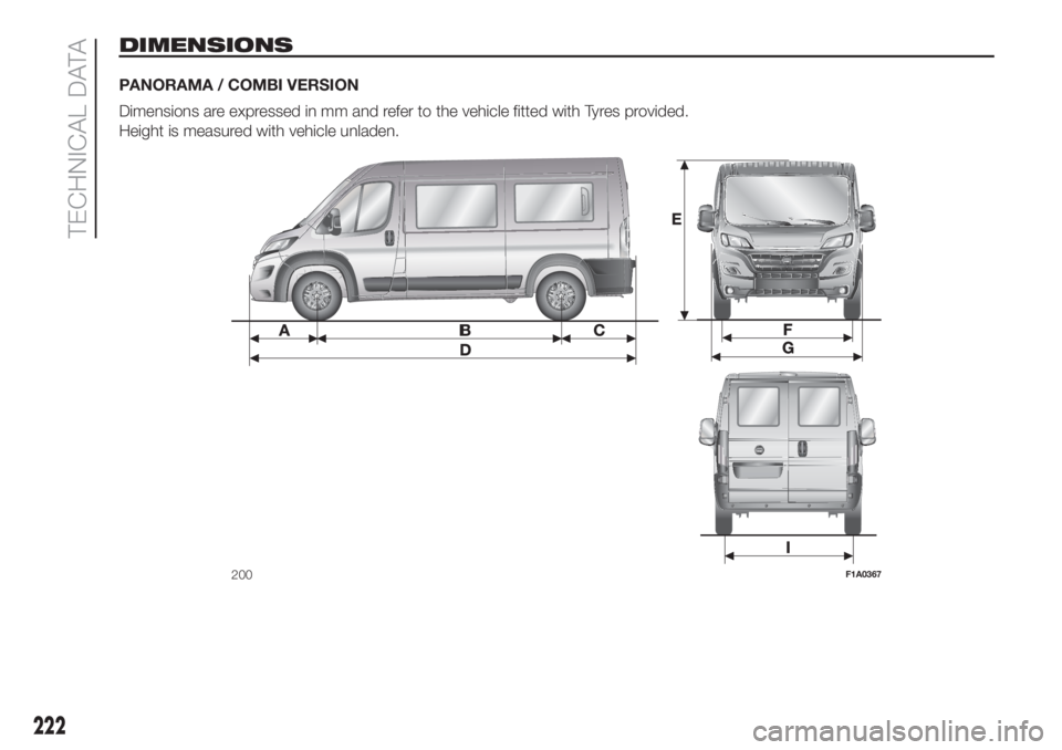 FIAT DUCATO BASE CAMPER 2017  Owner handbook (in English) DIMENSIONS
PANORAMA / COMBI VERSION
Dimensions are expressed in mm and refer to the vehicle fitted with Tyres provided.
Height is measured with vehicle unladen.
200F1A0367
222
TECHNICAL DATA 