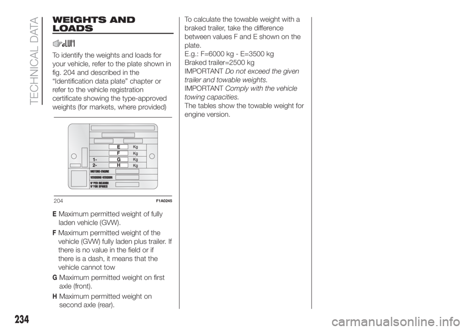 FIAT DUCATO BASE CAMPER 2017 Owner handbook (in English) WEIGHTS AND
LOADS
To identify the weights and loads for
your vehicle, refer to the plate shown in
fig. 204 and described in the
“Identification data plate” chapter or
refer to the vehicle registra FIAT DUCATO BASE CAMPER 2017 Owner handbook (in English) WEIGHTS AND
LOADS
To identify the weights and loads for
your vehicle, refer to the plate shown in
fig. 204 and described in the
“Identification data plate” chapter or
refer to the vehicle registra