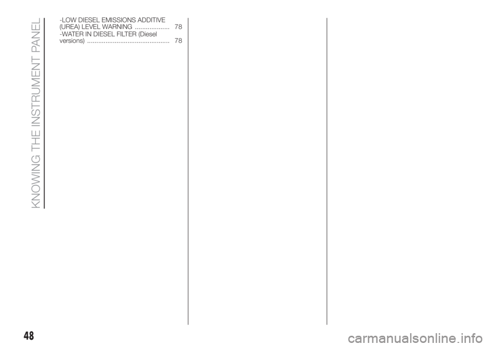 FIAT DUCATO BASE CAMPER 2017 Owner handbook (in English) -LOW DIESEL EMISSIONS ADDITIVE
(UREA) LEVEL WARNING ................... 78
-WATER IN DIESEL FILTER (Diesel
versions) ............................................. 78
48
KNOWING THE INSTRUMENT PANEL FIAT DUCATO BASE CAMPER 2017 Owner handbook (in English) -LOW DIESEL EMISSIONS ADDITIVE
(UREA) LEVEL WARNING ................... 78
-WATER IN DIESEL FILTER (Diesel
versions) ............................................. 78
48
KNOWING THE INSTRUMENT PANEL