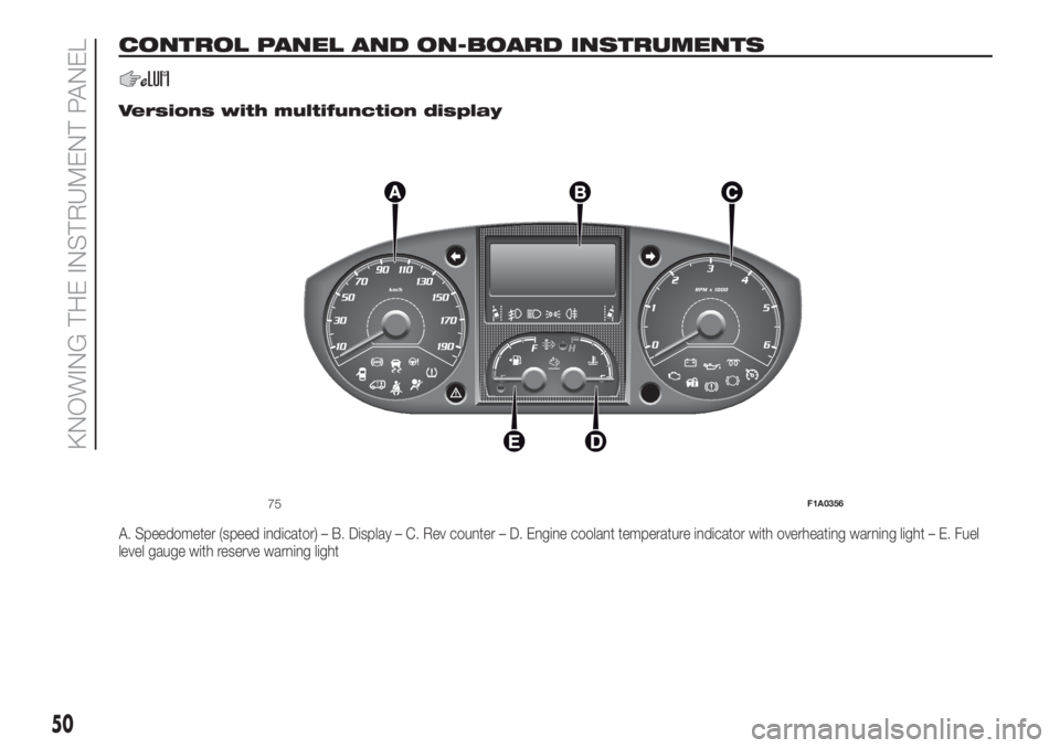 FIAT DUCATO BASE CAMPER 2017 Owner handbook (in English) CONTROL PANEL AND ON-BOARD INSTRUMENTS
.
Versions with multifunction display
A. Speedometer (speed indicator) – B. Display – C. Rev counter – D. Engine coolant temperature indicator with overhea FIAT DUCATO BASE CAMPER 2017 Owner handbook (in English) CONTROL PANEL AND ON-BOARD INSTRUMENTS
.
Versions with multifunction display
A. Speedometer (speed indicator) – B. Display – C. Rev counter – D. Engine coolant temperature indicator with overhea