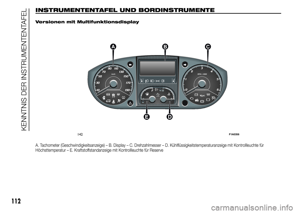 FIAT DUCATO BASE CAMPER 2015  Betriebsanleitung (in German) INSTRUMENTENTAFEL UND BORDINSTRUMENTE.
Versionen mit Multifunktionsdisplay
A. Tachometer (Geschwindigkeitsanzeige) – B. Display – C. Drehzahlmesser – D. Kühlflüssigkeitstemperaturanzeige mit K