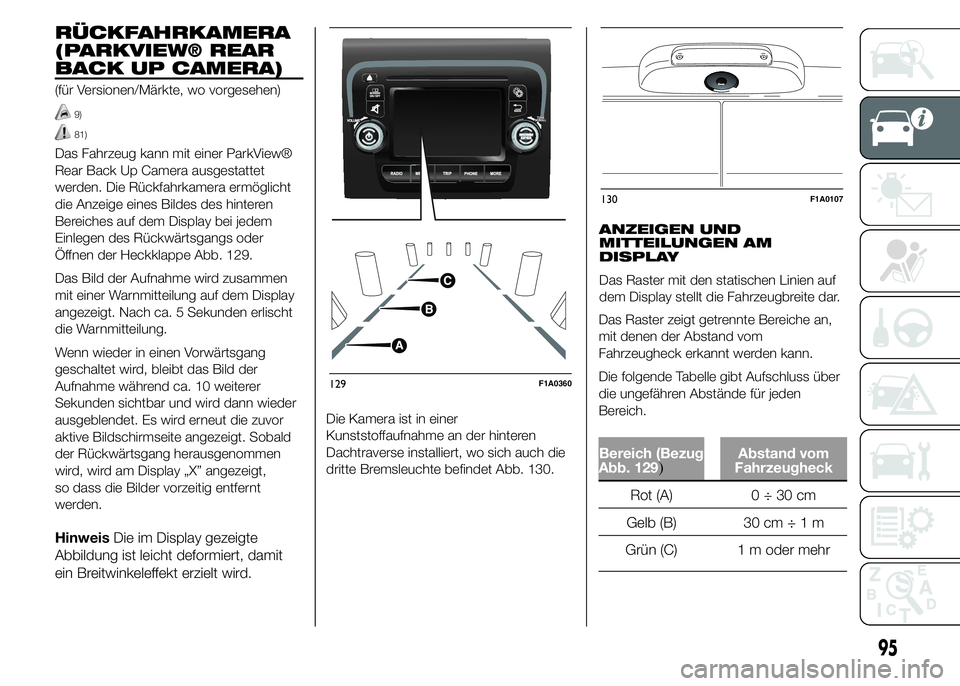 FIAT DUCATO BASE CAMPER 2015  Betriebsanleitung (in German) RÜCKFAHRKAMERA
(PARKVIEW® REAR
BACK UP CAMERA)
(für Versionen/Märkte, wo vorgesehen)
9)
81)
Das Fahrzeug kann mit einer ParkView®
Rear Back Up Camera ausgestattet
werden. Die Rückfahrkamera erm