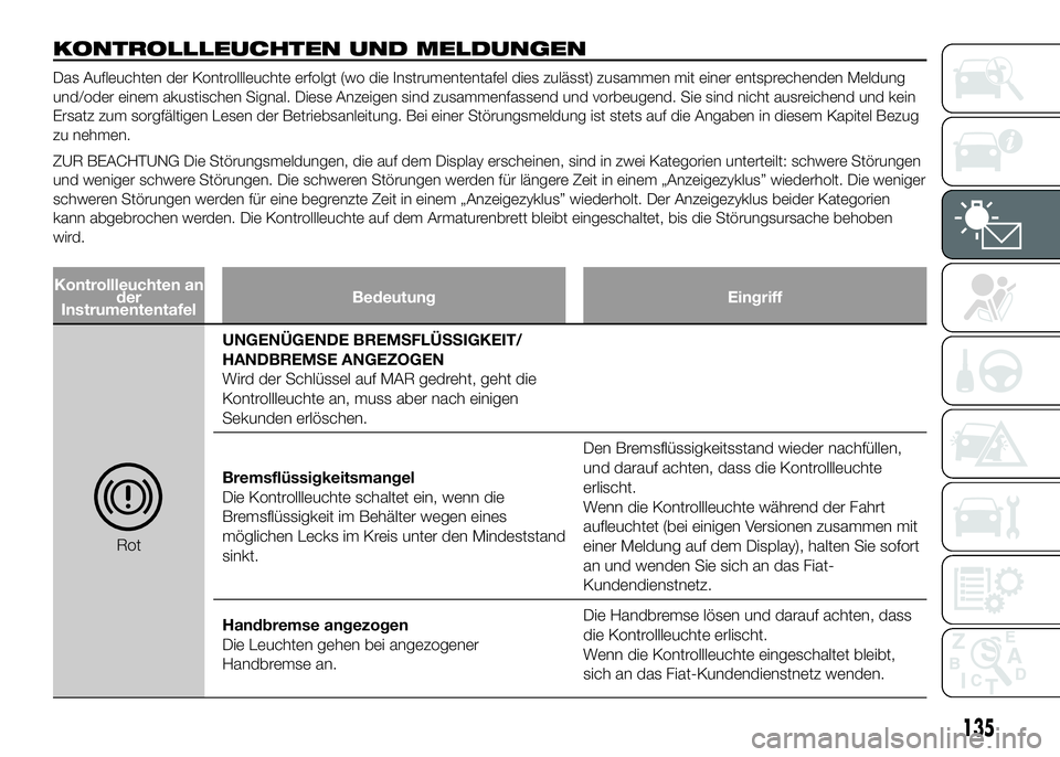 FIAT DUCATO BASE CAMPER 2016 Betriebsanleitung (in German) KONTROLLLEUCHTEN UND MELDUNGEN
Das Aufleuchten der Kontrollleuchte erfolgt (wo die Instrumententafel dies zulässt) zusammen mit einer entsprechenden Meldung
und/oder einem akustischen Signal. Diese A FIAT DUCATO BASE CAMPER 2016 Betriebsanleitung (in German) KONTROLLLEUCHTEN UND MELDUNGEN
Das Aufleuchten der Kontrollleuchte erfolgt (wo die Instrumententafel dies zulässt) zusammen mit einer entsprechenden Meldung
und/oder einem akustischen Signal. Diese A