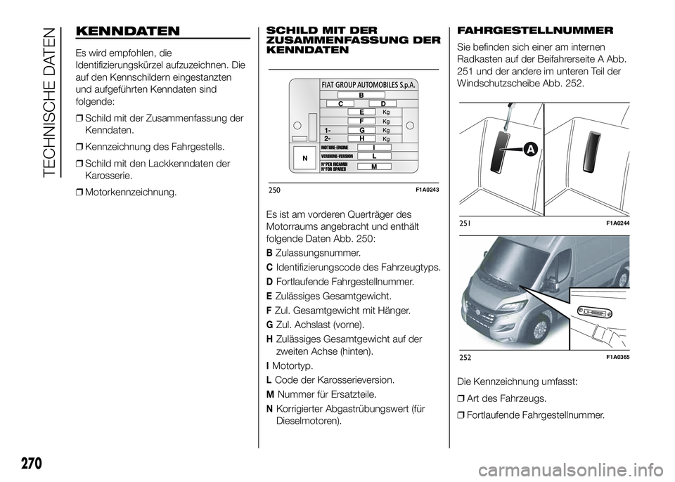 FIAT DUCATO BASE CAMPER 2016  Betriebsanleitung (in German) KENNDATEN
Es wird empfohlen, die
Identifizierungskürzel aufzuzeichnen. Die
auf den Kennschildern eingestanzten
und aufgeführten Kenndaten sind
folgende:
❒Schild mit der Zusammenfassung der
Kenndat