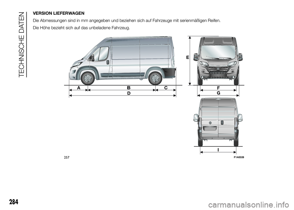 FIAT DUCATO BASE CAMPER 2016  Betriebsanleitung (in German) VERSION LIEFERWAGEN
Die Abmessungen sind in mm angegeben und beziehen sich auf Fahrzeuge mit serienmäßigen Reifen.
Die Höhe bezieht sich auf das unbeladene Fahrzeug.
257F1A0328
284
TECHNISCHE DATEN